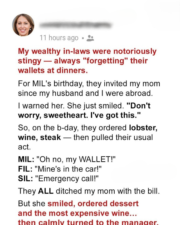 SOTD! My In-Laws Tried to Skip Out on a $1,500 Dinner Bill, But My Moms Brilliant Comeback Left Them Speechless